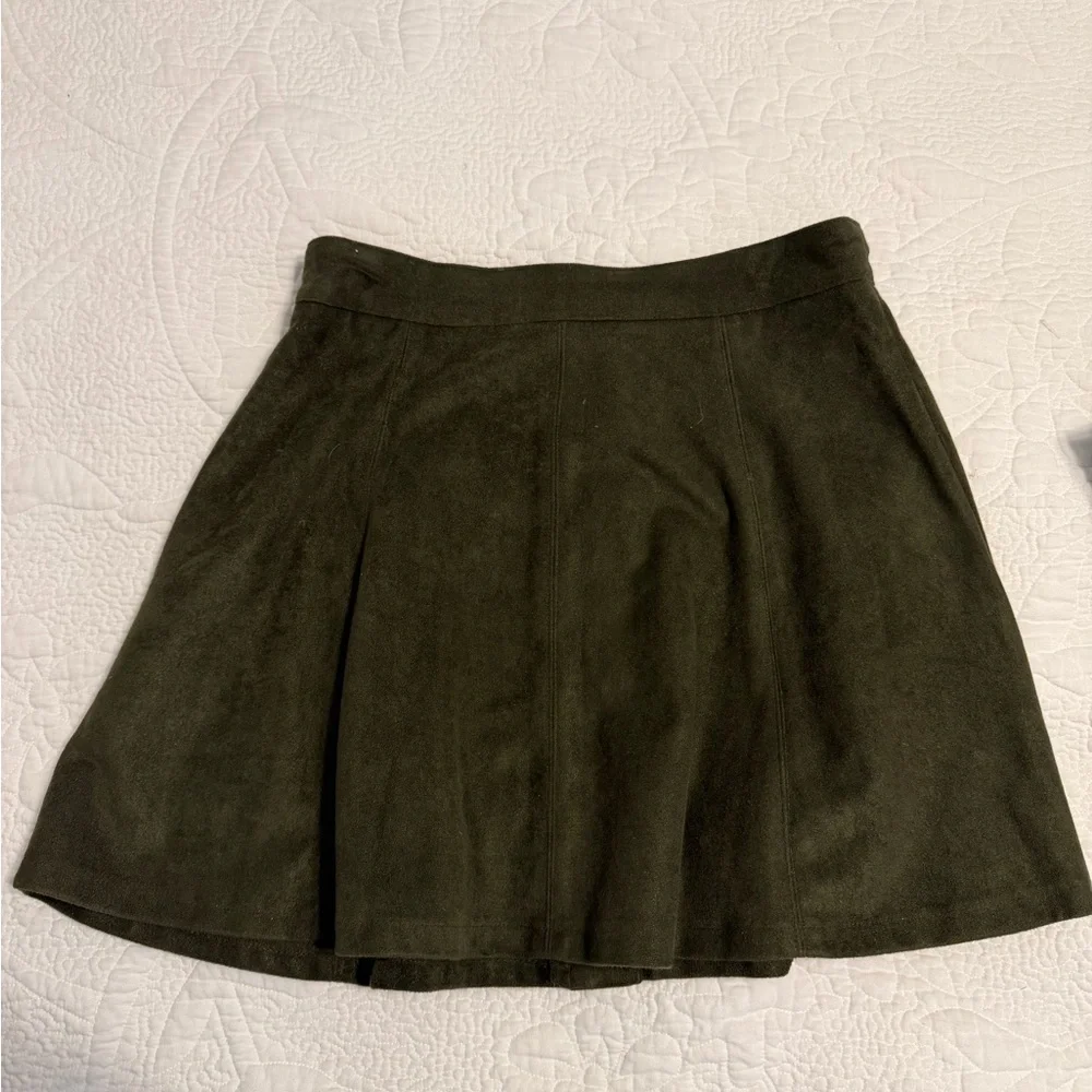 She + Sky Dark Olive Suede-Look Button Front Skater Skirt - Picture 4 of 4